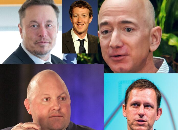 Elon Musk, Mark Zuckerberg, Jeff Bezos, Peter Thiel, Marc Andreessen (Foto: Wiki) Elon Musk, Mark Zuckerberg, Jeff Bezos, Peter Thiel, Marc Andreessen (Foto: Wiki)